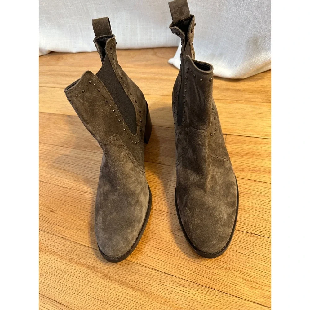 Paul Green Taupe Suede Studded Chelsea Ankle Boots Block Heel Pointed Toe 7.5